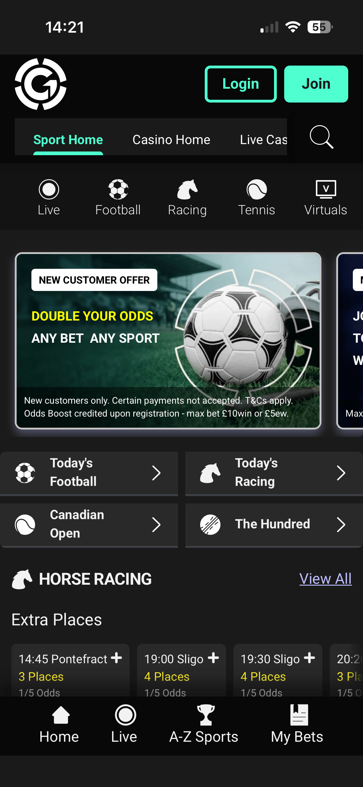 Grosvenor app homepage showing a double your odds new customer offer and quick links to today's football and racing