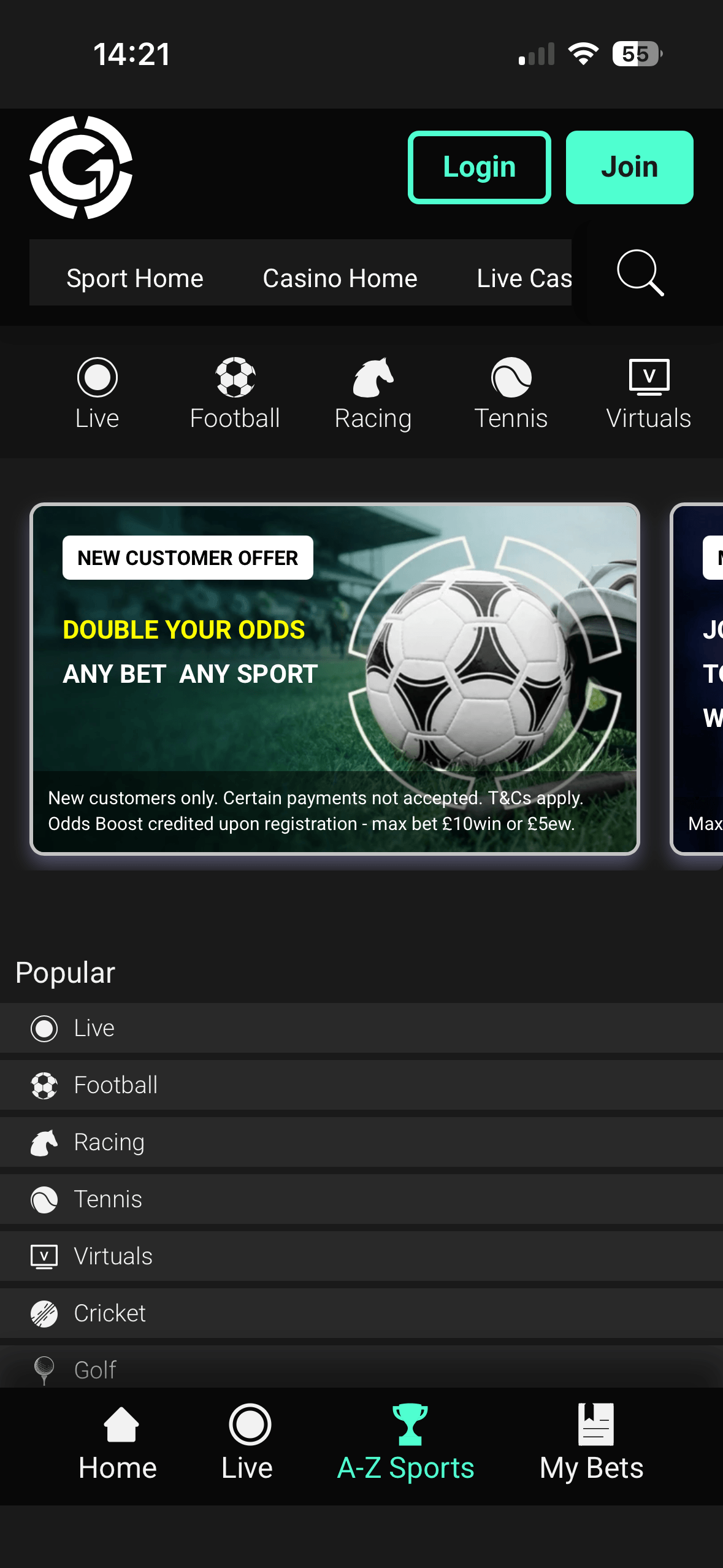A-Z Sports menu on the Grosvenor app showing Football, Racing, Tennis, Virtuals, Cricket and Golf
