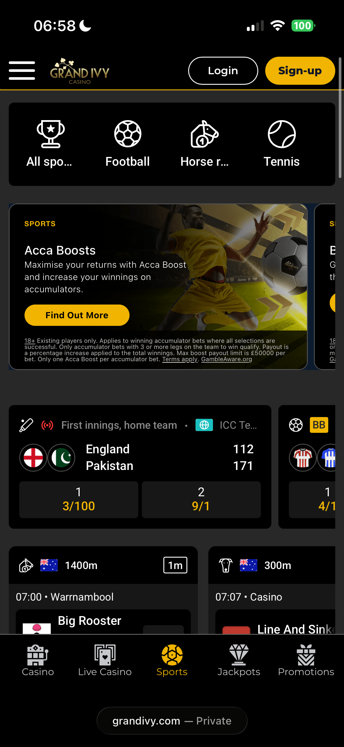 Grand Ivy mobile sports homepage showing All Sports, Football, Horse Racing and Tennis tiles, an Acca Boosts promotion banner, and live widgets for the England vs Pakistan cricket Test and Australian racing at Warrnambool