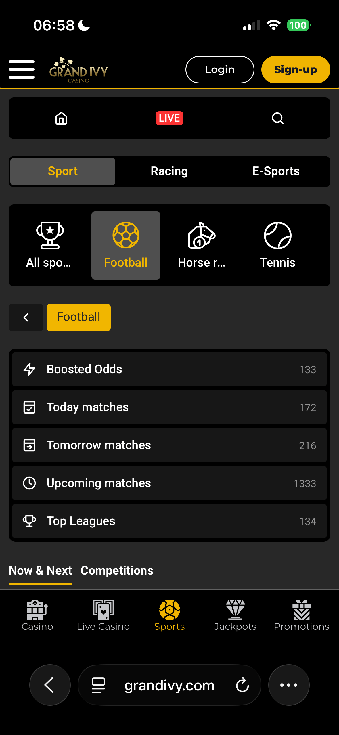 Grand Ivy mobile football listing page with Football selected, showing navigation for Boosted Odds (133), Today matches (172), Tomorrow matches (216), Upcoming matches (1333) and Top Leagues (134)