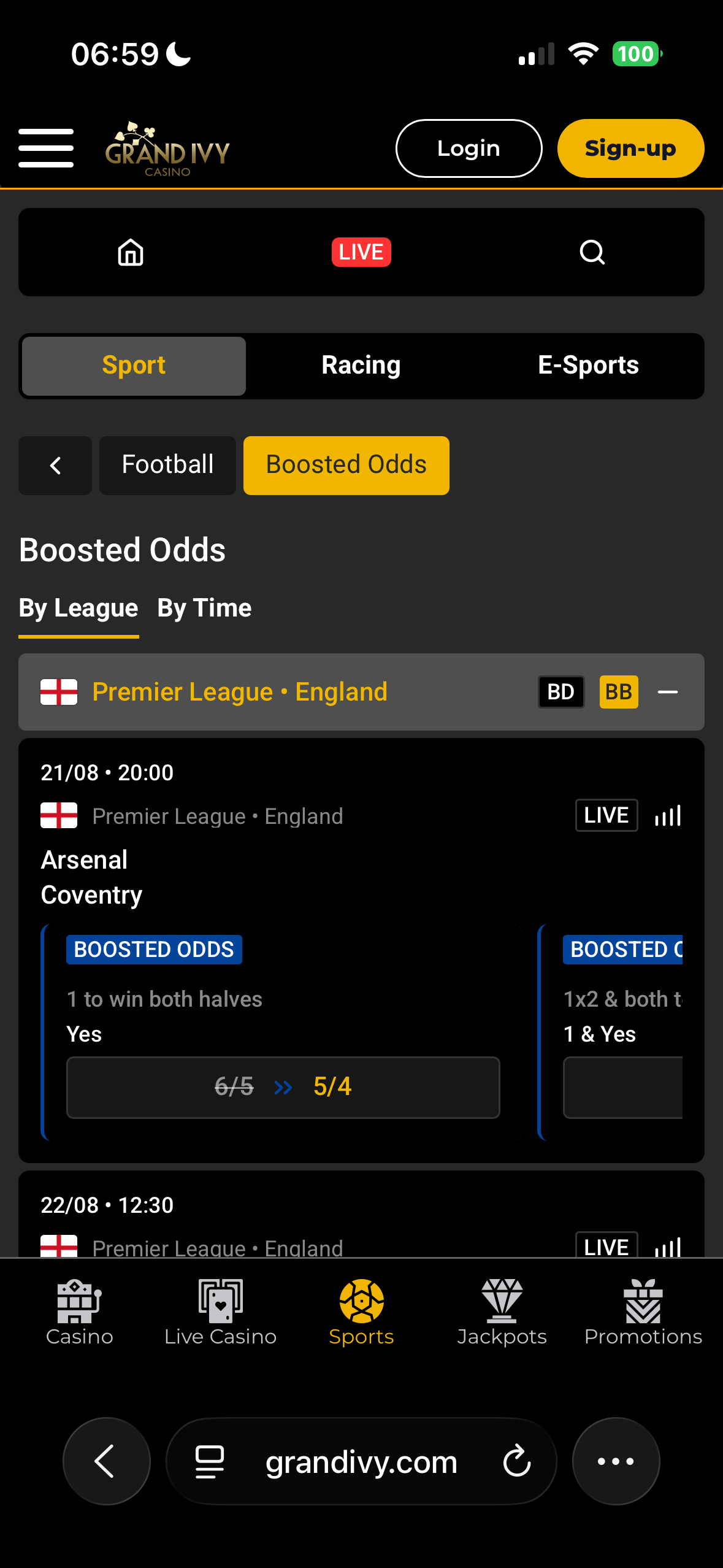 Grand Ivy mobile Boosted Odds page showing a Premier League Arsenal vs Coventry market, 1 to win both halves boosted from 6/5 to 5/4