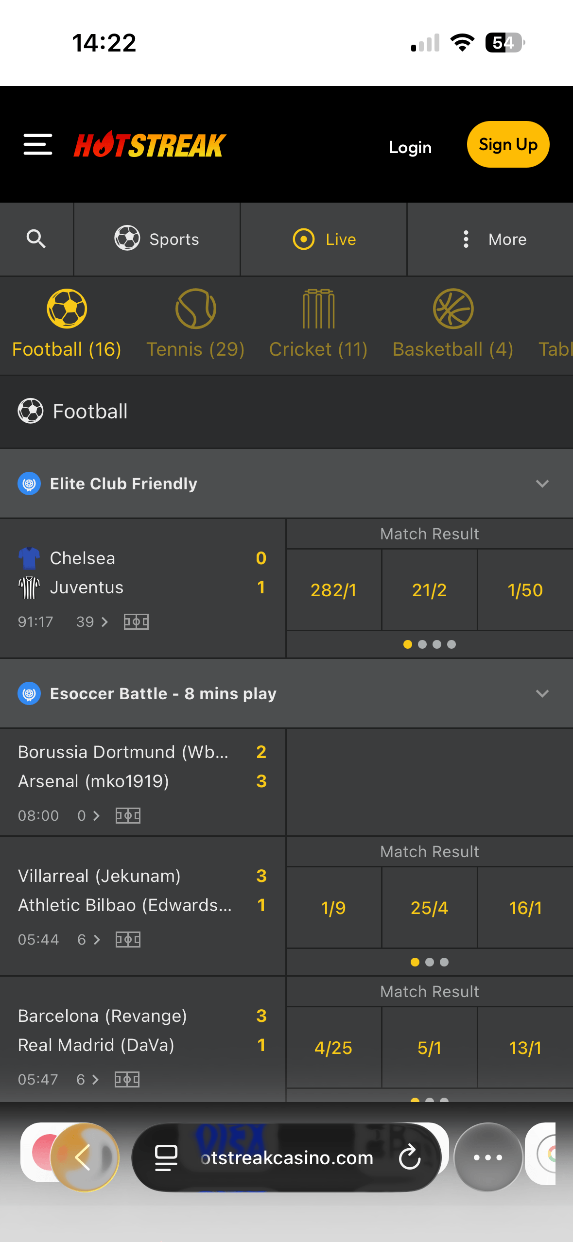 Live football section on the HotStreak mobile site showing Chelsea vs Juventus and Esoccer Battle live scores