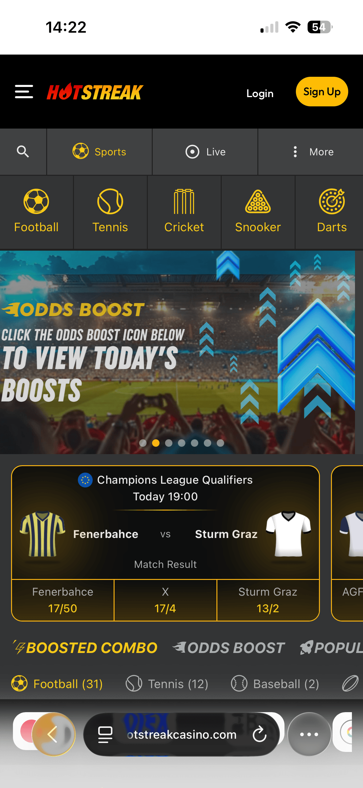 HotStreak mobile site homepage showing sport shortcuts and an odds boost promo