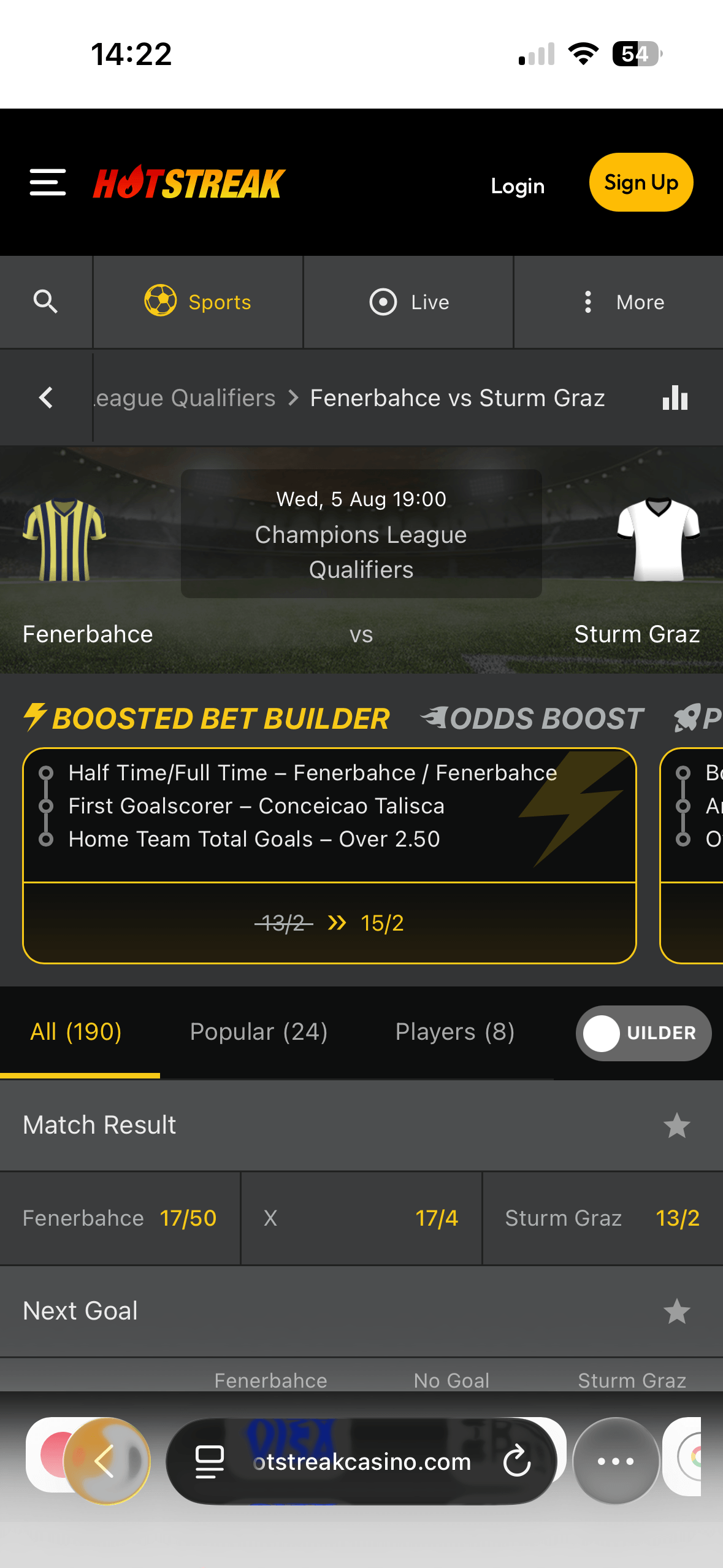 Fenerbahce vs Sturm Graz match page on the HotStreak mobile site showing a boosted bet builder and Match Result odds