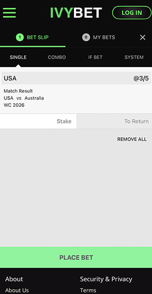 Confirming a bet on the IvyBet mobile site