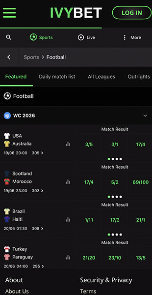 Browsing the IvyBet betting schedule on mobile