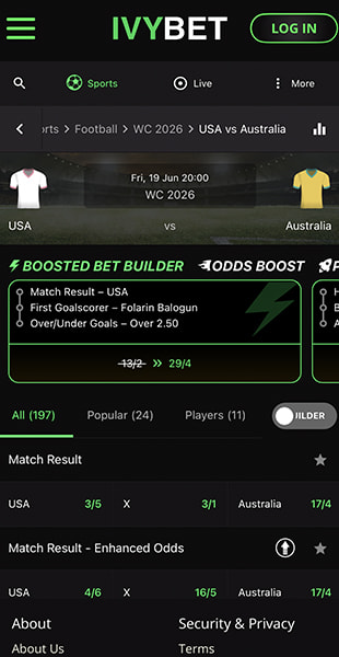 Selecting match odds on the IvyBet mobile site