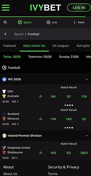 Selecting a sport on the IvyBet mobile site