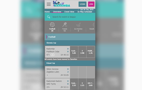 The home page of the Karamba Android betting app