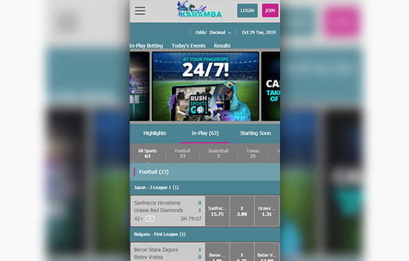 The home page of the Karamba iPhone betting app