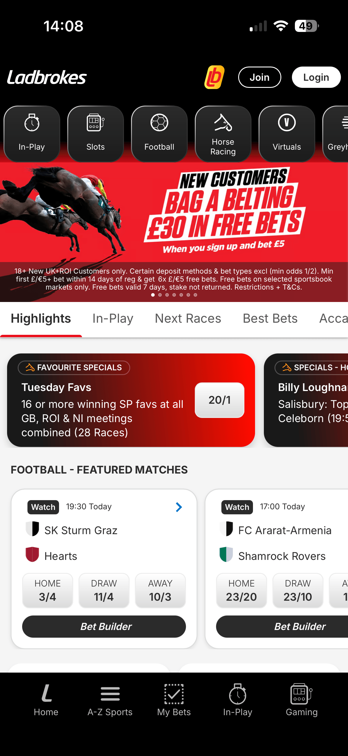 Ladbrokes app homepage showing a bag a belting £30 in free bets offer and sport shortcuts