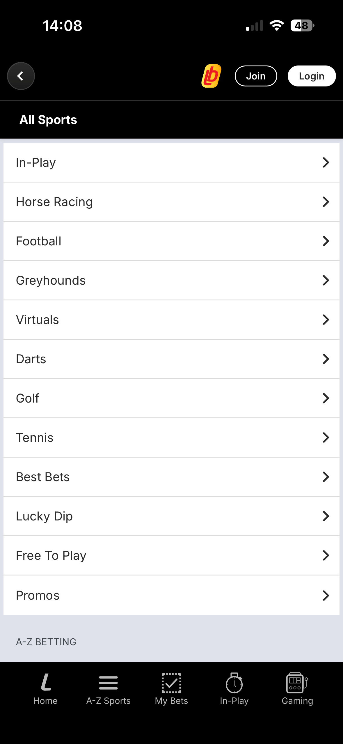 All Sports menu on the Ladbrokes app showing In-Play, Horse Racing, Football and Greyhounds