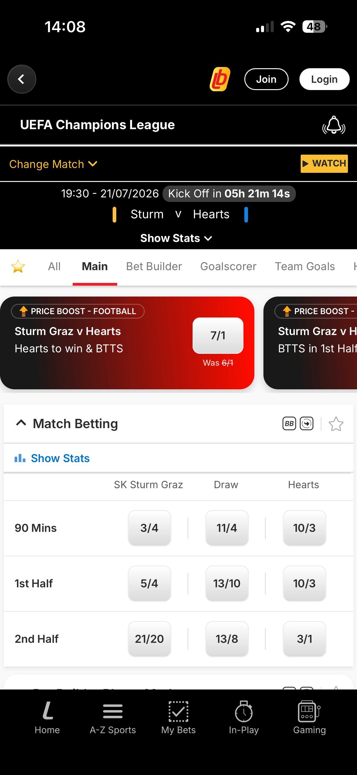 Sturm Graz vs Hearts match page on the Ladbrokes app showing Match Betting odds for 90 mins, 1st half and 2nd half