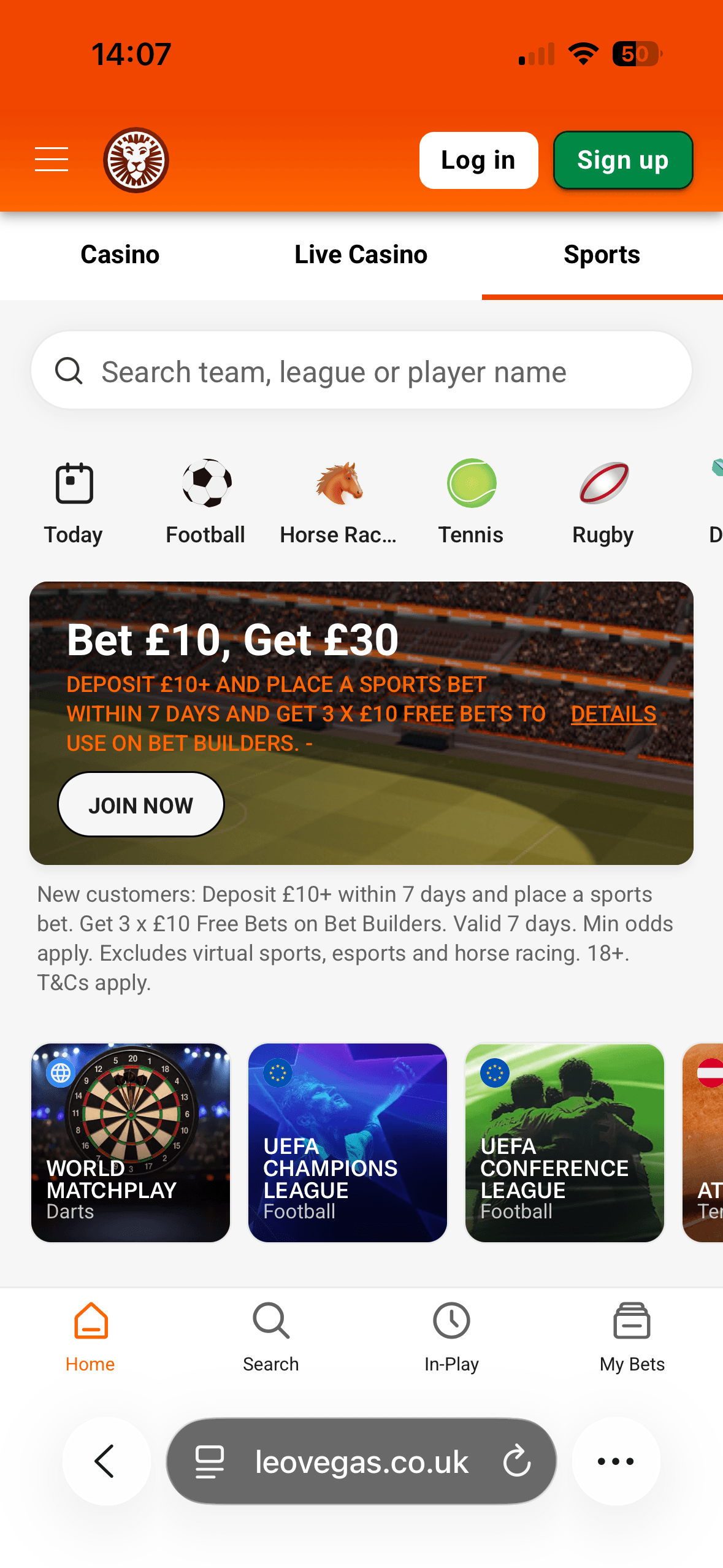 LeoVegas mobile site homepage showing a bet £10 get £30 free bets offer and sport shortcuts