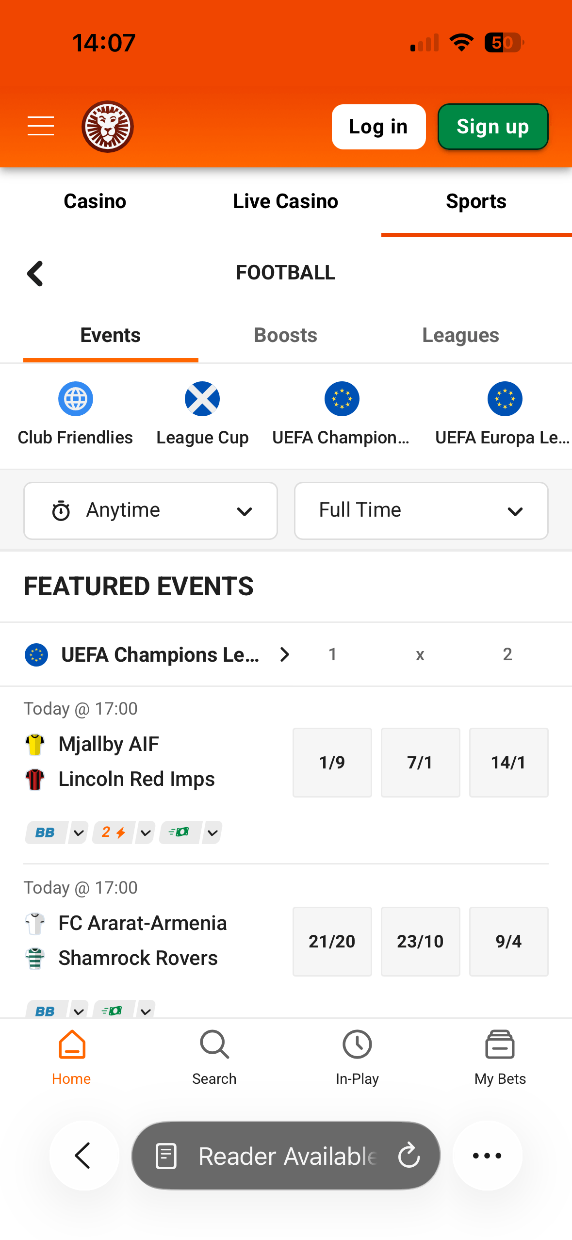 Football fixtures list on the LeoVegas mobile site showing UEFA Champions League qualifying matches