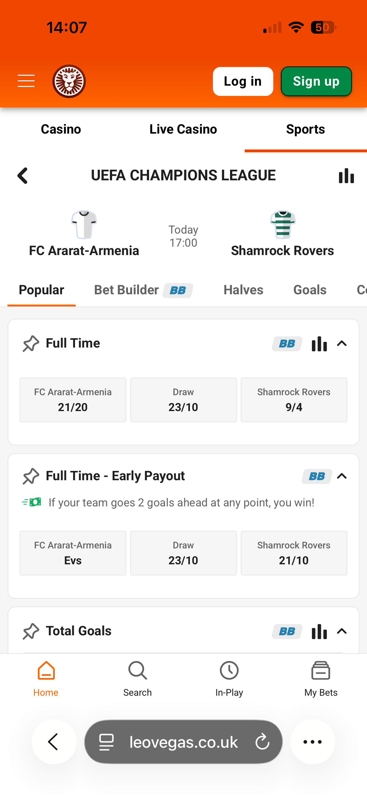 FC Ararat-Armenia vs Shamrock Rovers match page on the LeoVegas mobile site showing Full Time, Early Payout and Total Goals markets