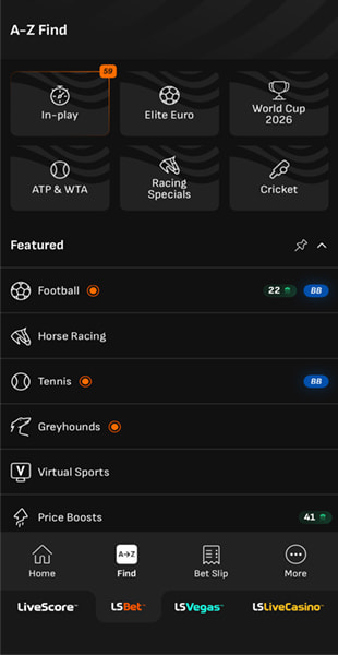 LiveScore Bet A-Z Find screen showing in-play, World Cup 2026, ATP & WTA, horse racing and football categories