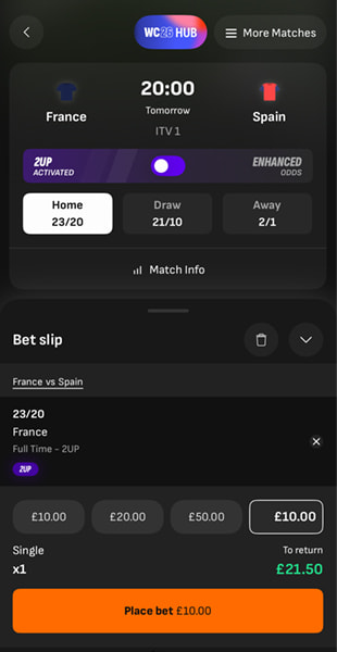 LiveScore Bet slip open with France Full Time 2UP selected at 23/20 showing £10 stake and £21.50 potential return