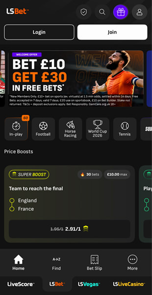LiveScore Bet homepage showing a Bet £10 Get £30 welcome offer, price boosts and World Cup 2026 navigation
