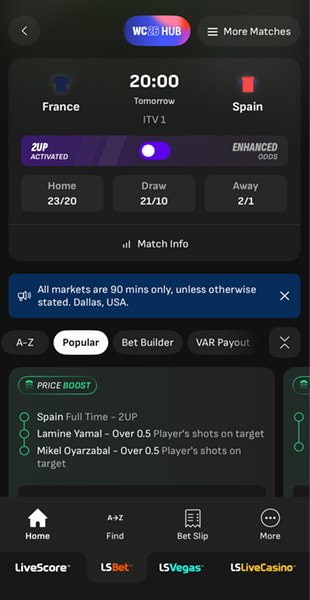 France vs Spain World Cup match page on LiveScore Bet with 2UP activated, enhanced odds and price boost markets