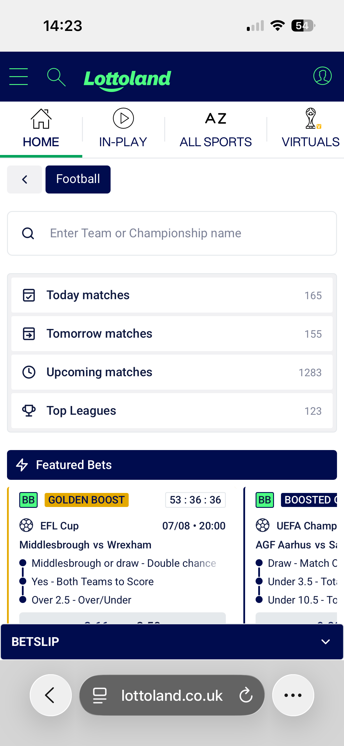 Lottoland mobile site football section showing today, tomorrow and upcoming match counts