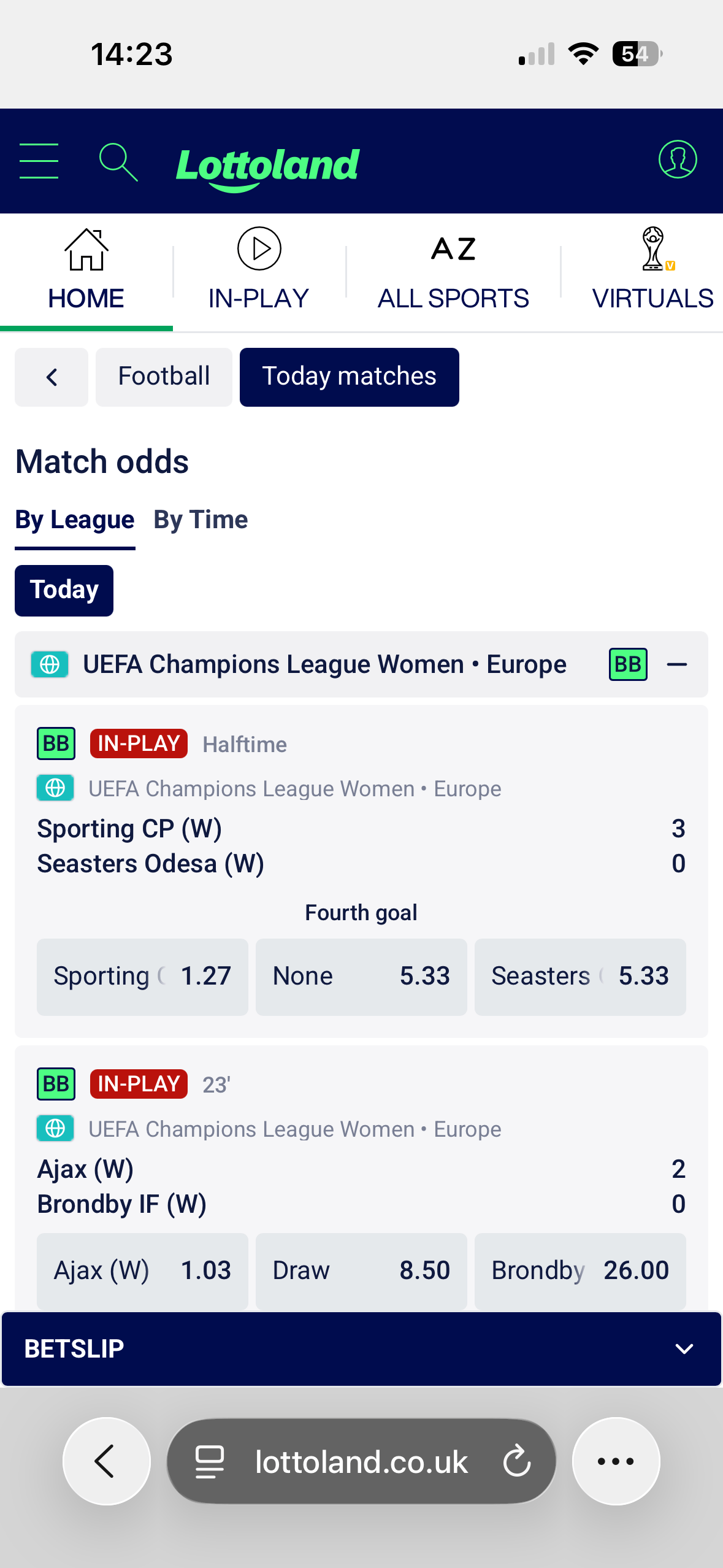 Match odds list on the Lottoland mobile site showing UEFA Champions League Women fixtures