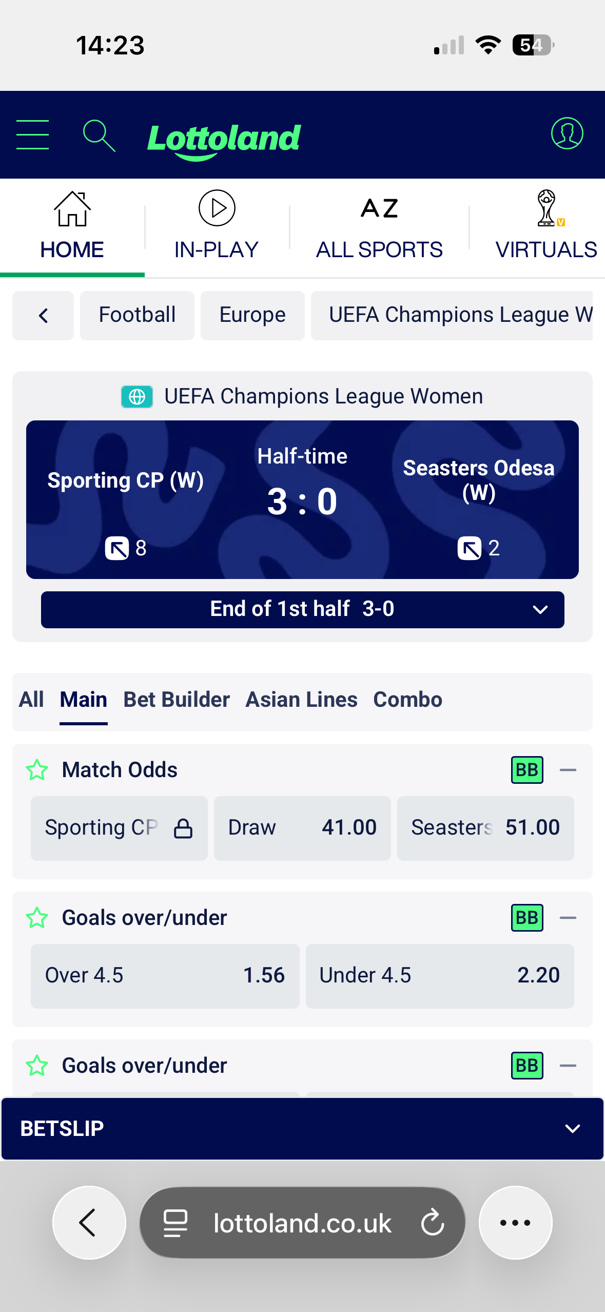 Sporting CP vs Seasters Odesa match page on the Lottoland mobile site showing Match Odds and Goals over/under markets