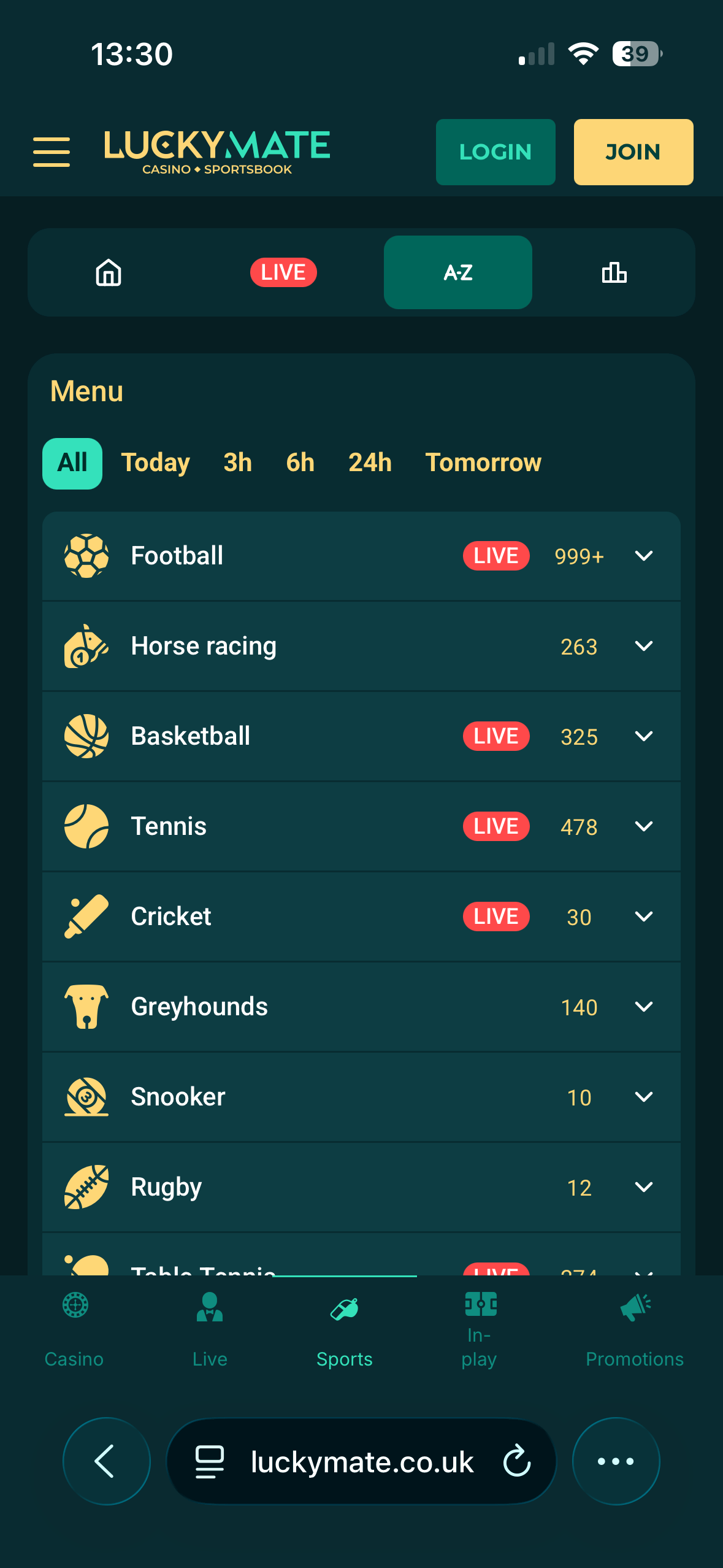 Full sports menu on the LuckyMate mobile site showing football, horse racing, basketball and more
