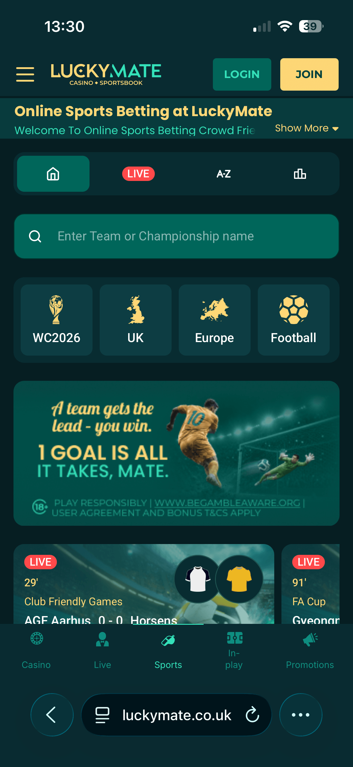 LuckyMate mobile site homepage with sport shortcuts and a football promo banner