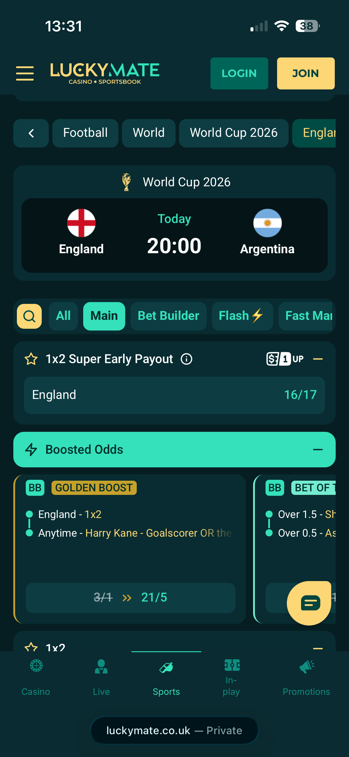 England vs Argentina match page on the LuckyMate mobile site showing 1x2 odds and boosted bet builder markets