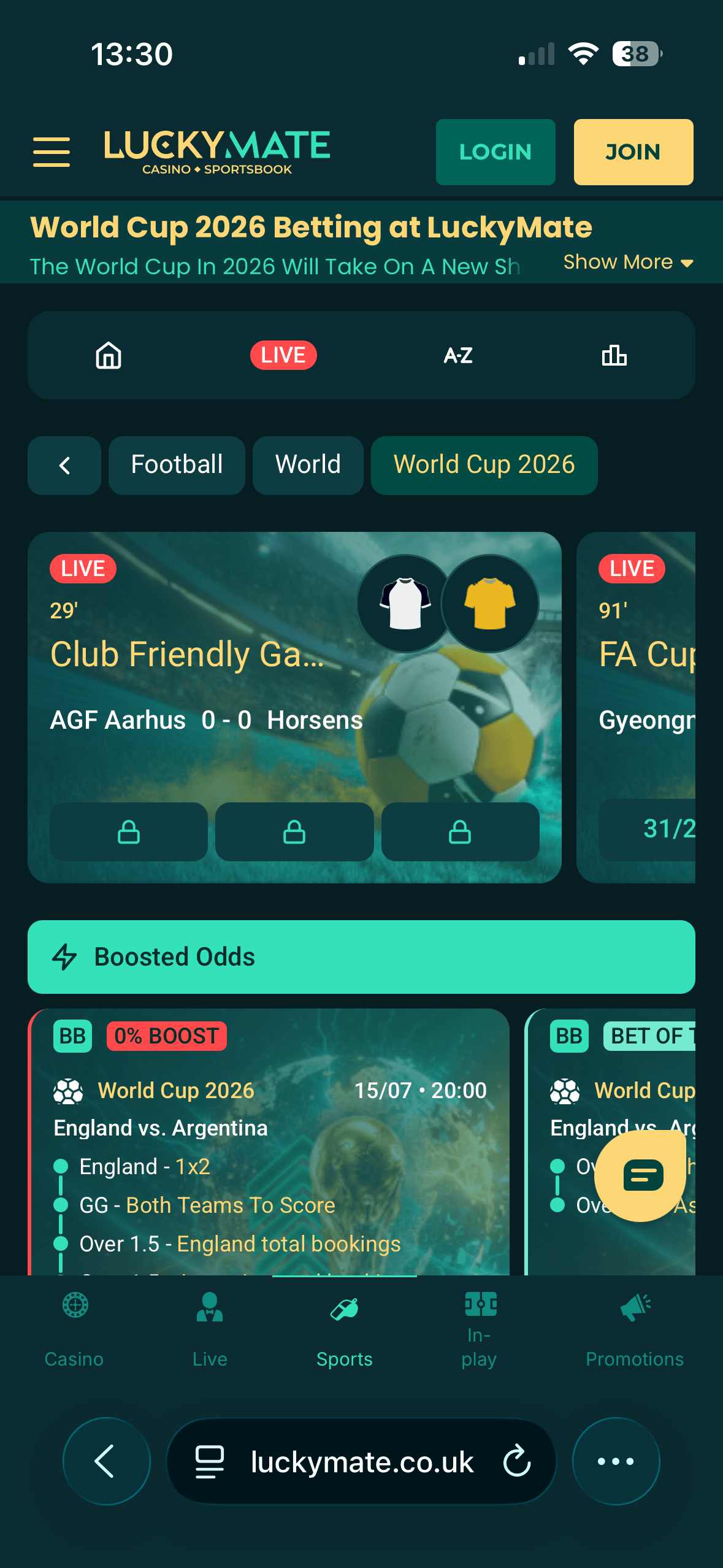 World Cup 2026 match selection screen on the LuckyMate mobile site showing England vs Argentina boosted odds