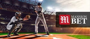 A baseball backstop and batter overlayed by MansionBet logo