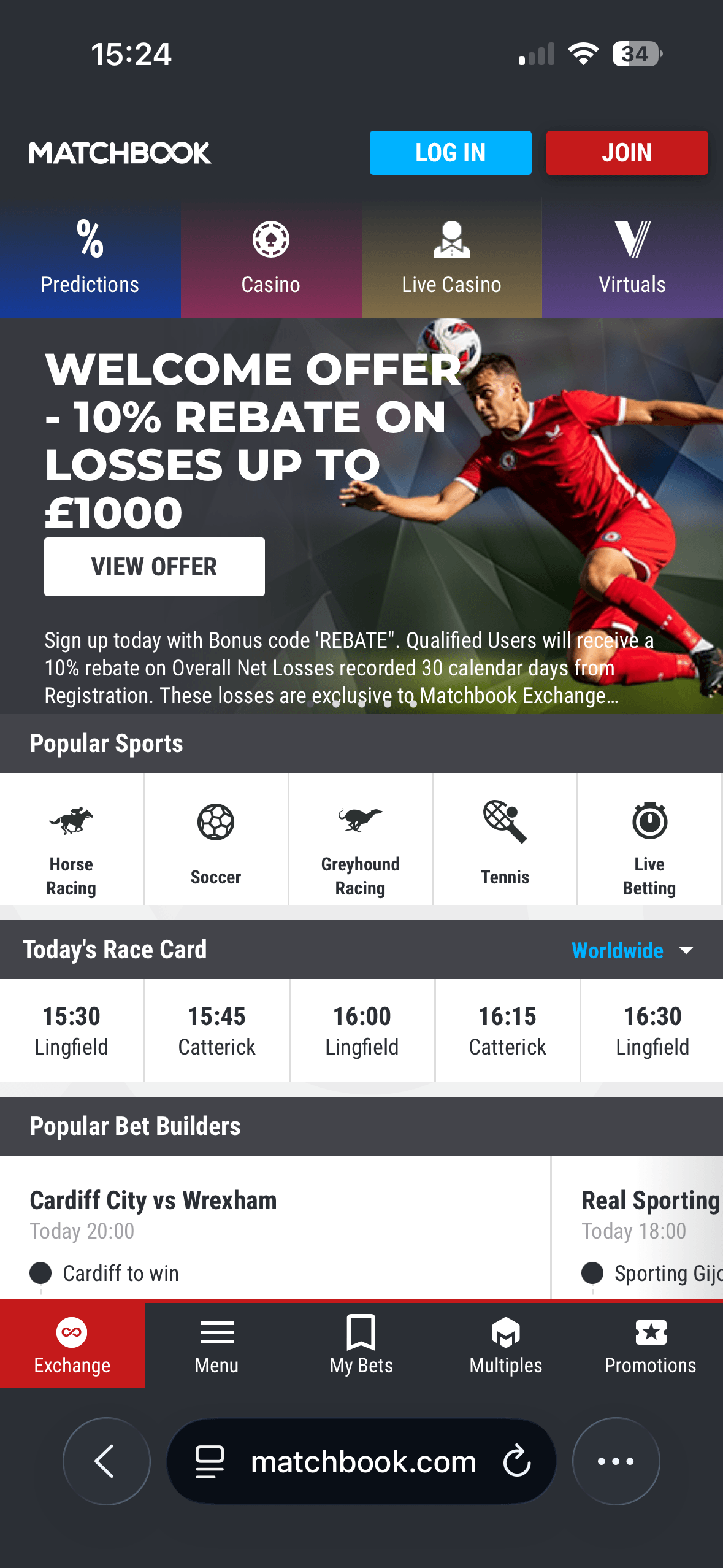Matchbook mobile homepage showing a 10% rebate on losses up to £1000 welcome offer, Popular Sports icons for Horse Racing, Soccer, Greyhound Racing, Tennis and Live Betting, and a Today's Race Card with Lingfield and Catterick meetings