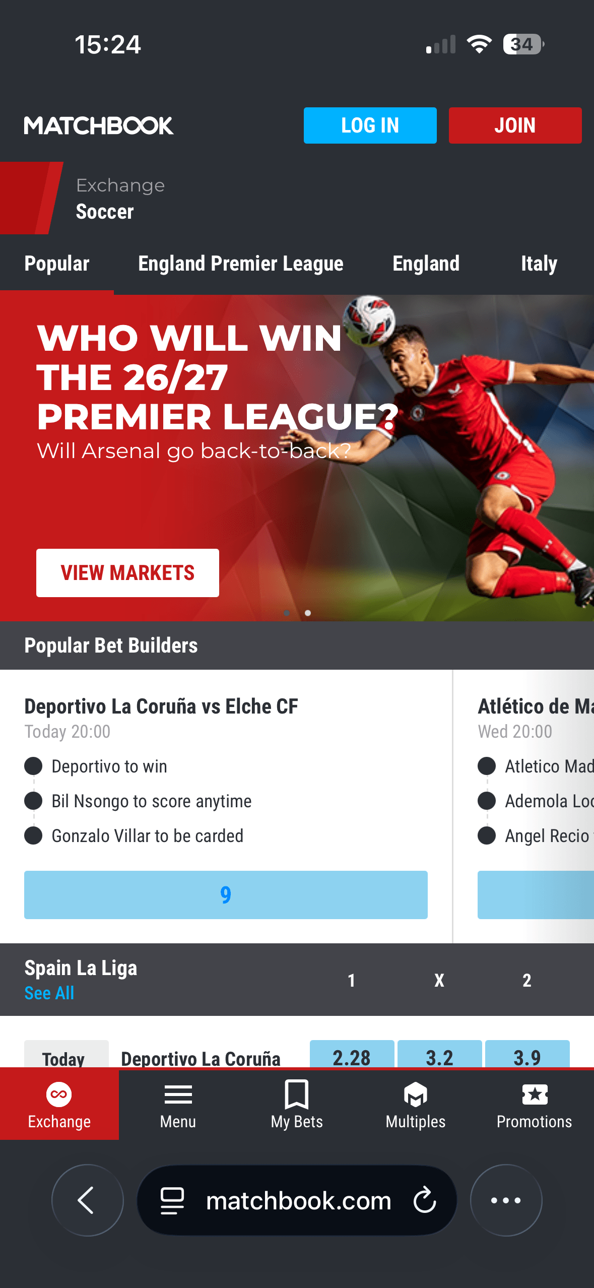 Matchbook mobile Soccer exchange listing page with Popular, England Premier League, England and Italy tabs, a Deportivo La Coruña vs Elche CF bet builder priced at 9, and Spain La Liga match odds