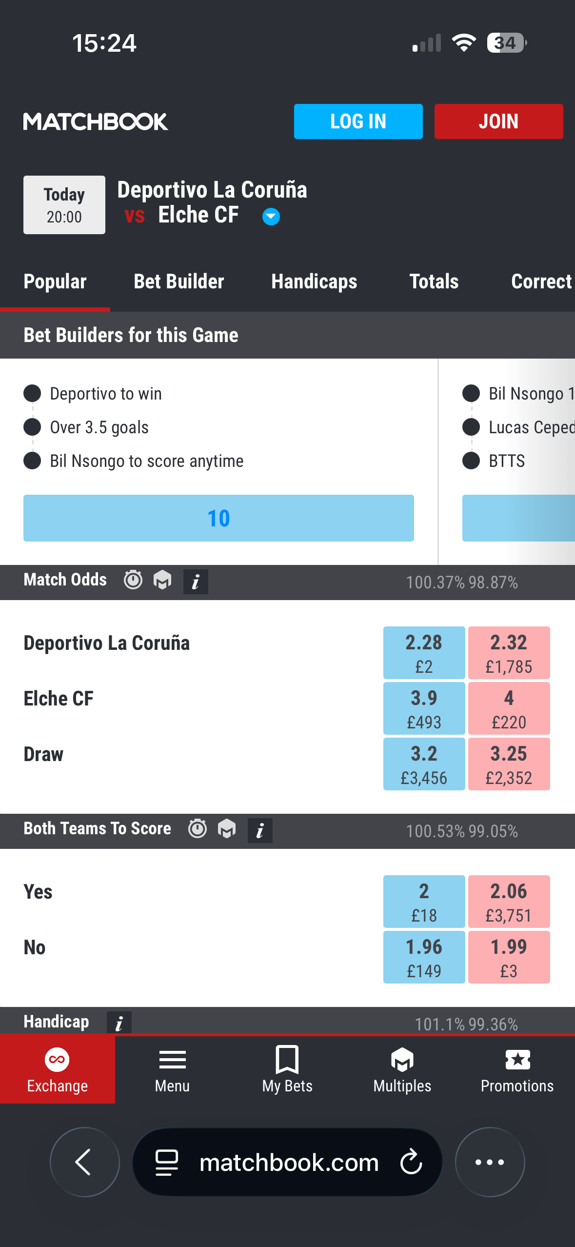 Matchbook mobile match odds page for Deportivo La Coruña vs Elche CF showing Match Odds of 2.28/3.2/3.9 and Both Teams To Score prices of 2.00/1.96