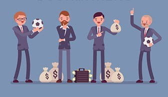 A group of men with money bags and holding footballs