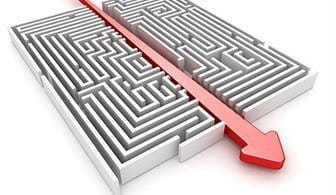 A maze and a straight arrow that crosses through it