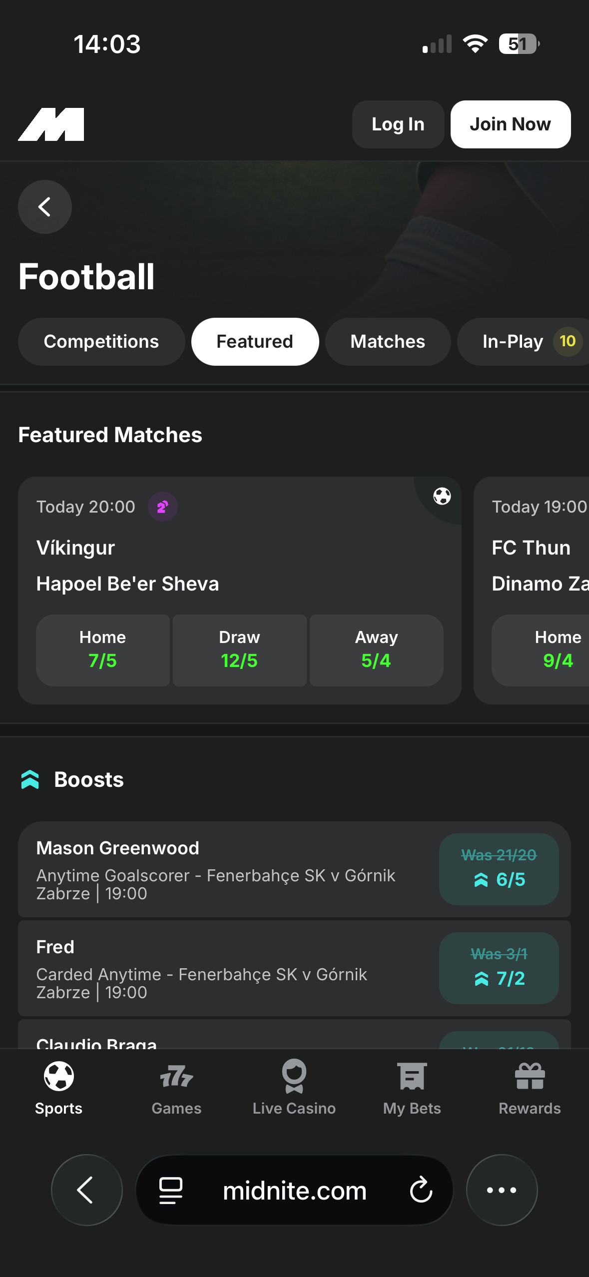 Midnite mobile site football hub showing featured matches and boosted anytime goalscorer prices