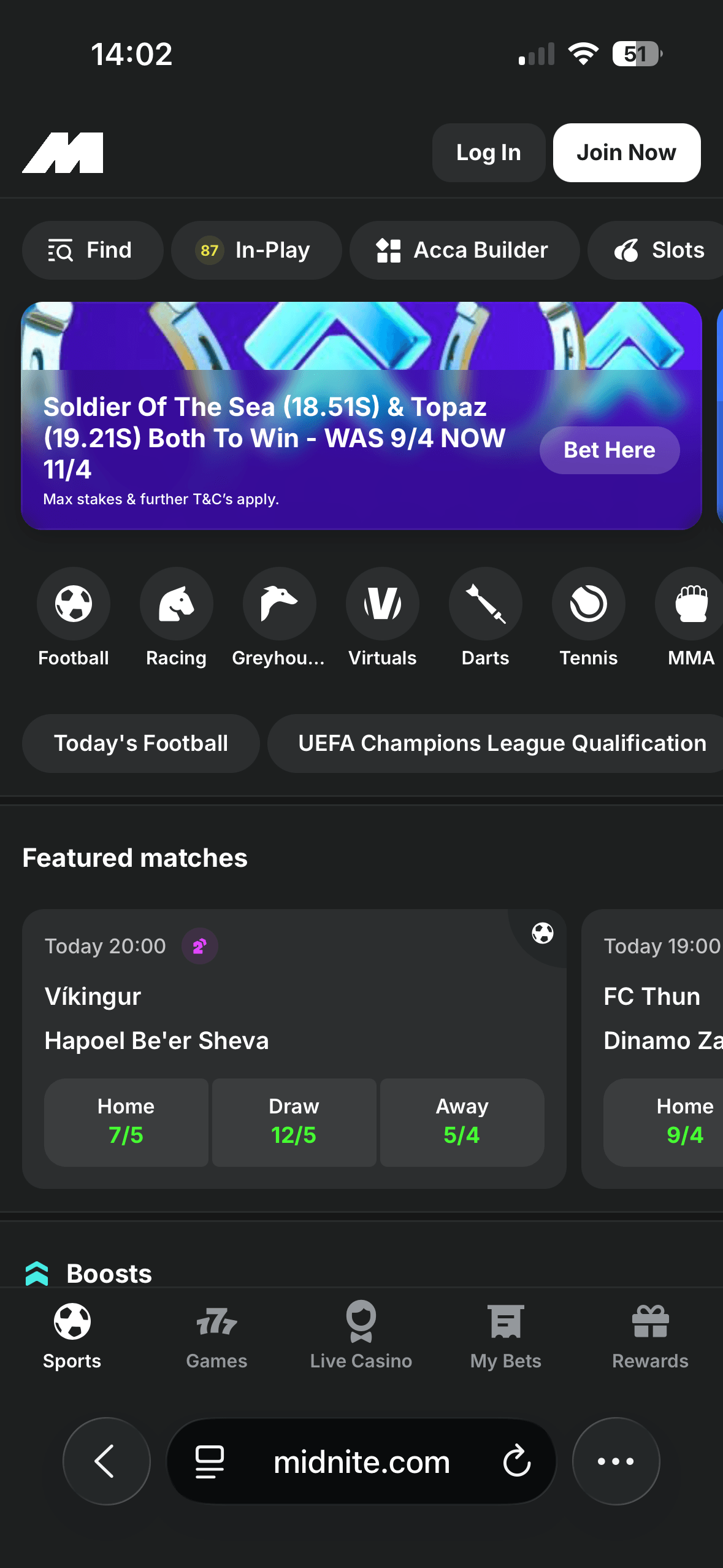 Midnite mobile site homepage with sport shortcuts and an odds boost banner