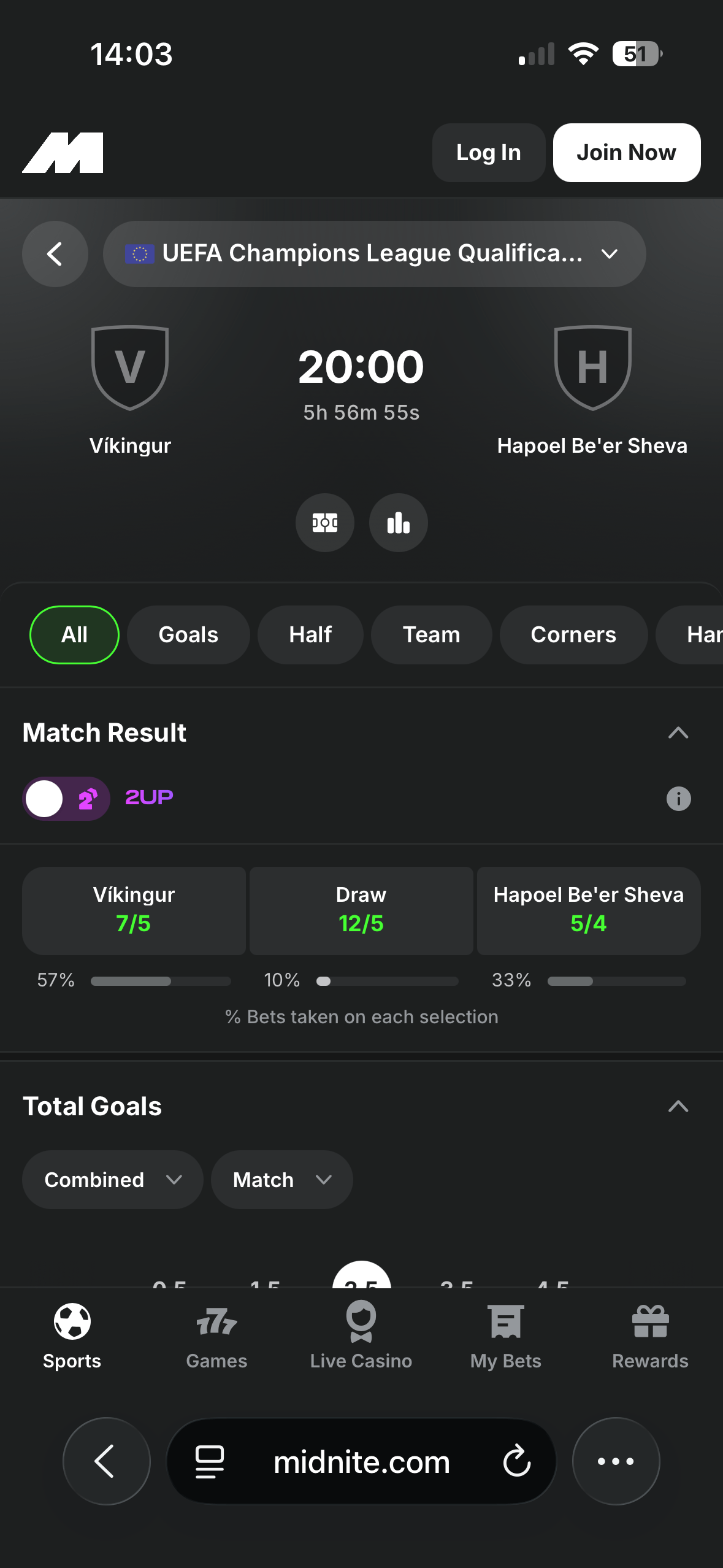 Víkingur vs Hapoel Be'er Sheva match page on the Midnite mobile site showing Match Result and Total Goals markets