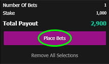 MoPlay bet confirmation page with a circle around the place bet button
