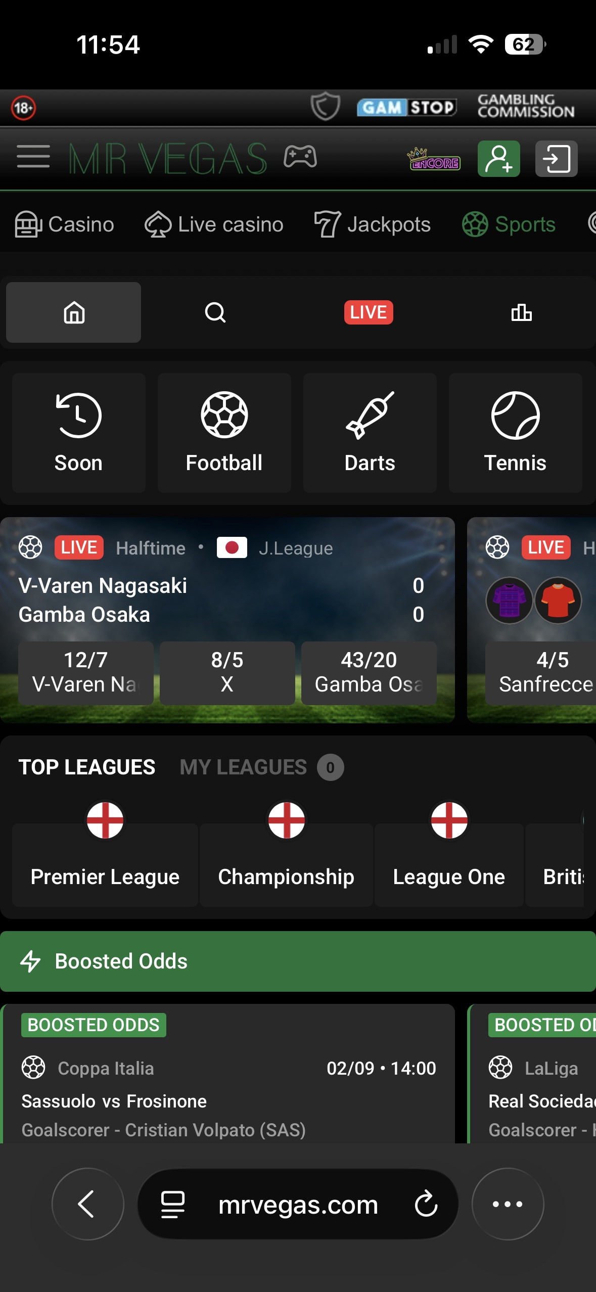 Mr Vegas mobile site sports homepage showing live football matches and boosted odds