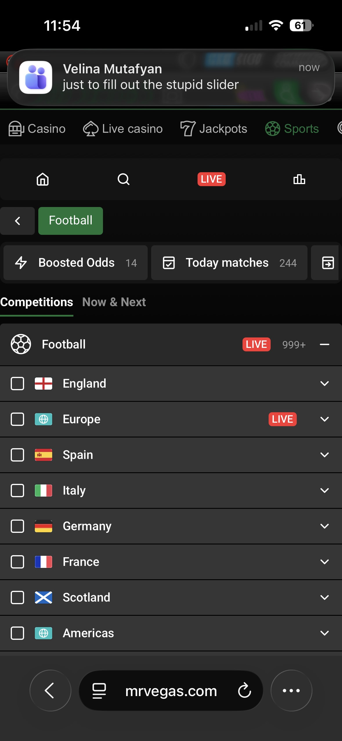 Football competitions list on the Mr Vegas mobile site showing England, Europe, Spain and Italy