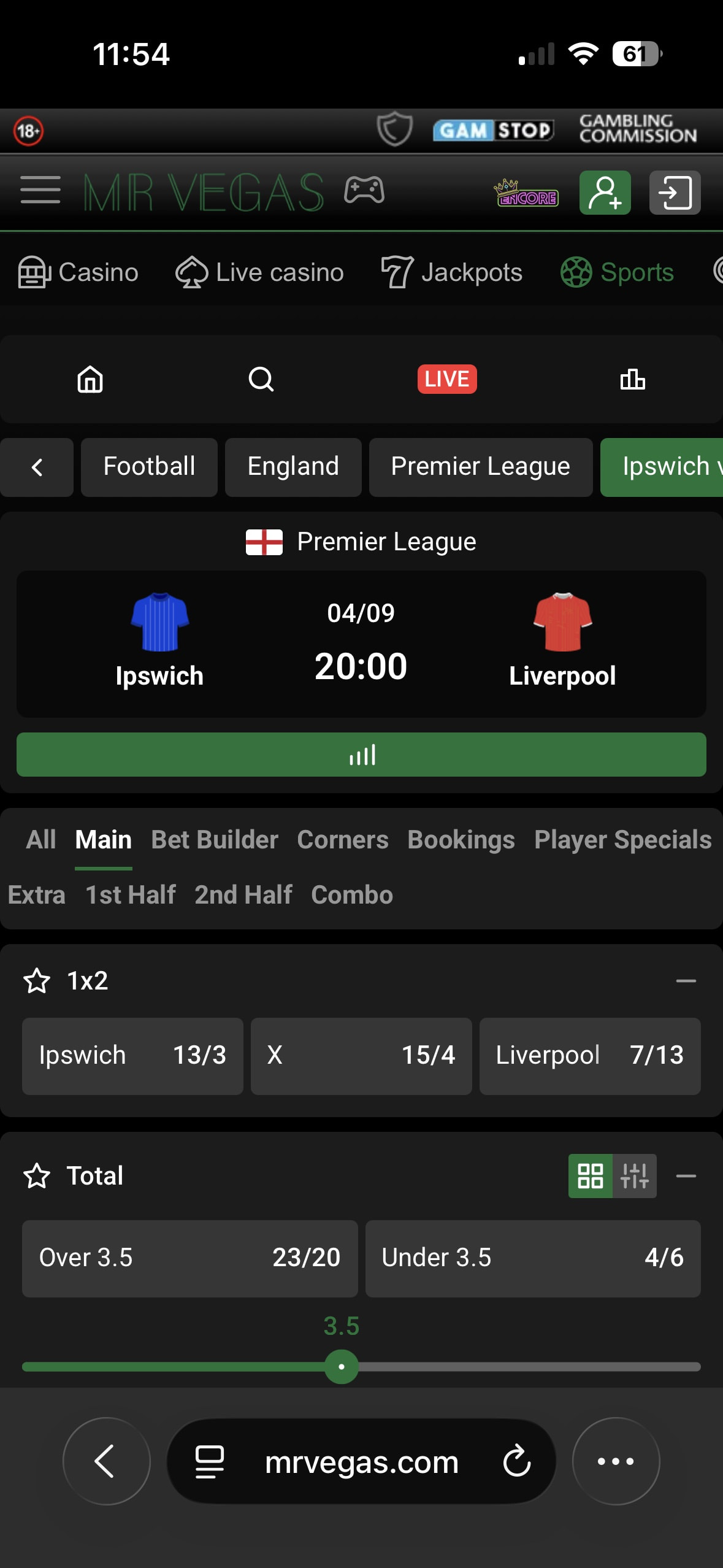 Ipswich vs Liverpool match page on the Mr Vegas mobile site showing 1x2 and Total Goals markets