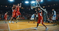 A basketball team celebrating