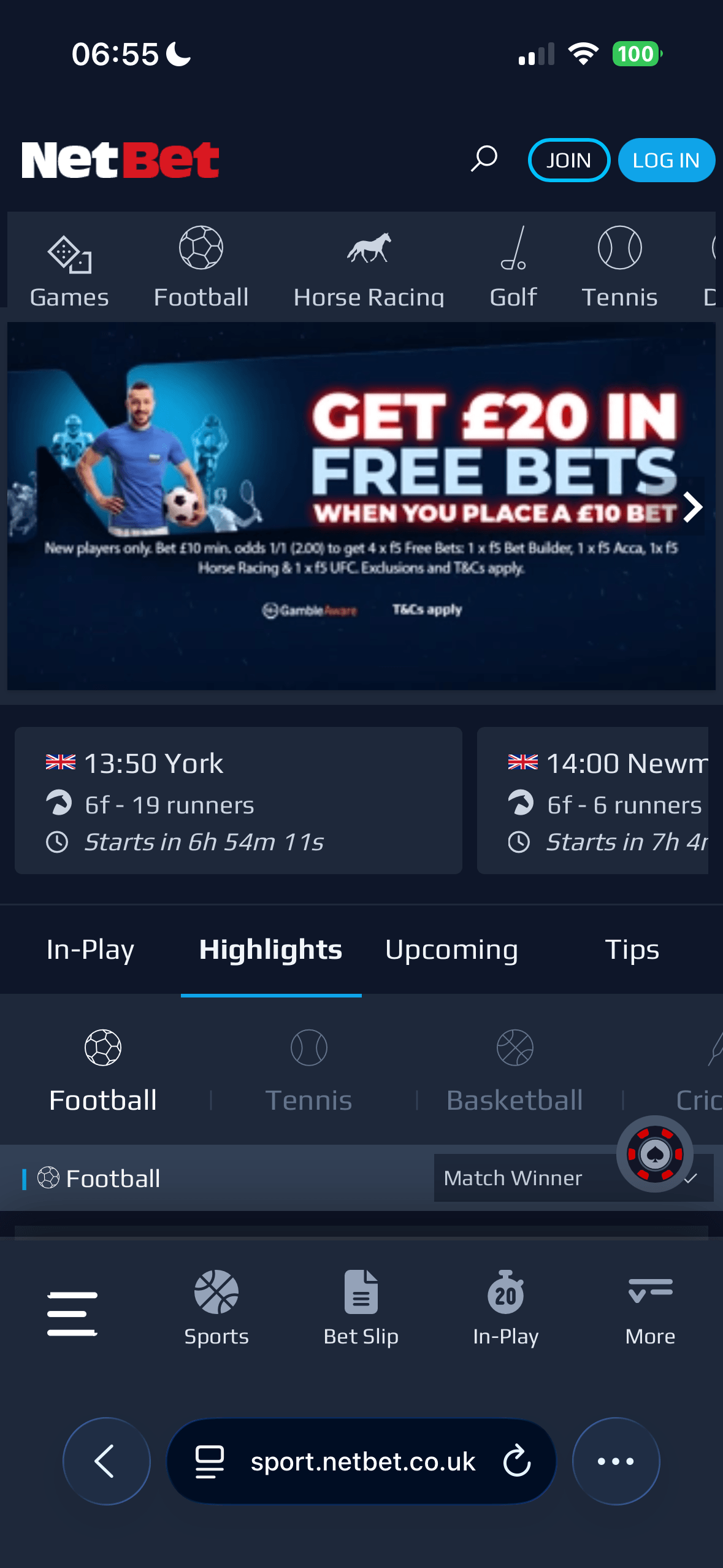 NetBet mobile homepage showing a Get £20 in Free Bets when you place a £10 bet banner, horse racing highlights for 13:50 York and 14:00 Newmarket, and In-Play, Highlights, Upcoming and Tips tabs for football