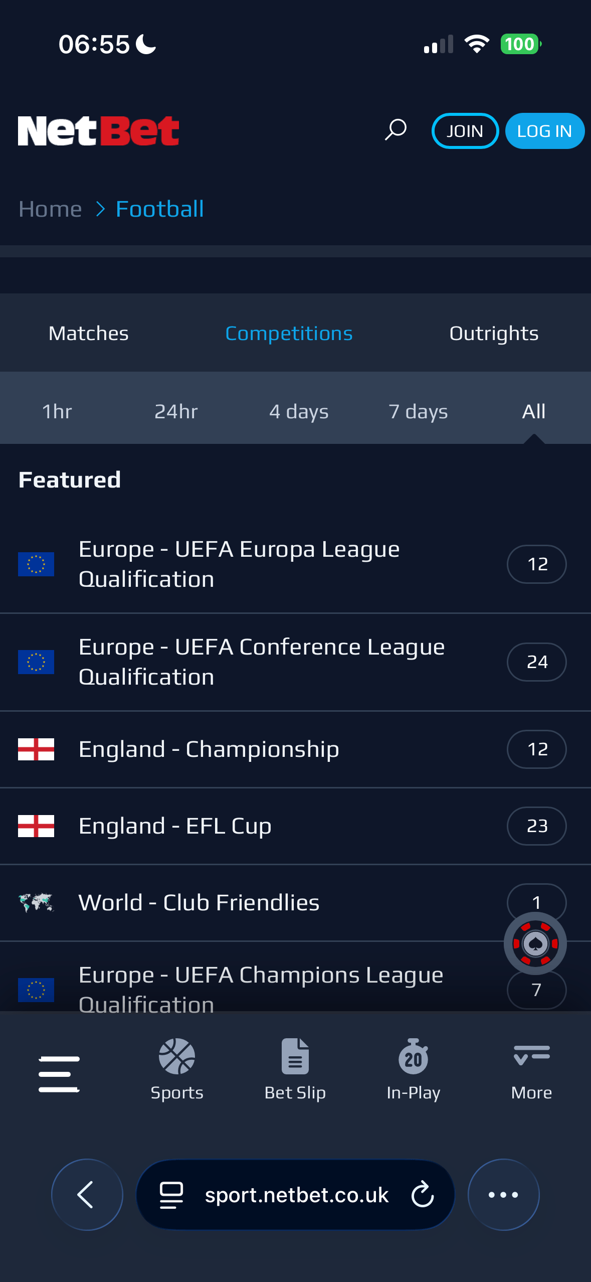 NetBet mobile football listing page on the Competitions tab showing Europe UEFA Europa League Qualification with 12 matches, UEFA Conference League Qualification with 24 matches, England Championship with 12 matches and England EFL Cup with 23 matches