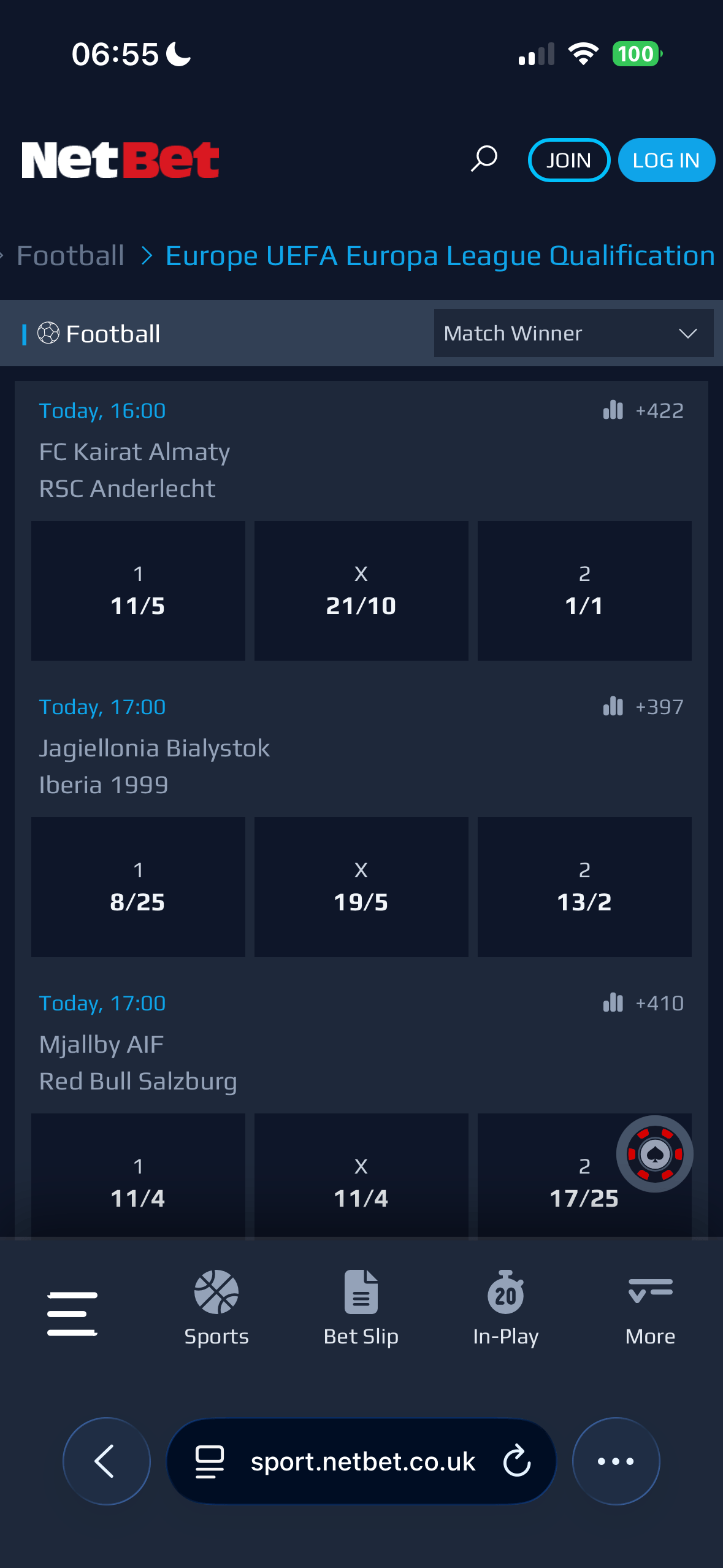 NetBet mobile odds coupon for Europe UEFA Europa League Qualification showing FC Kairat Almaty vs RSC Anderlecht priced 11/5, 21/10, 1/1 and Jagiellonia Bialystok vs Iberia 1999 priced 8/25, 19/5, 13/2