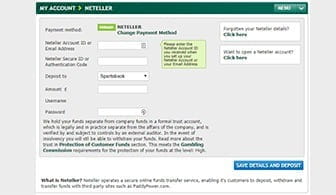 The Neteller bookmaker deposit portal where you can confirm the amount to transfer with your log in credentials