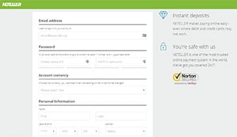 The initial registration form to create an online account at Neteller